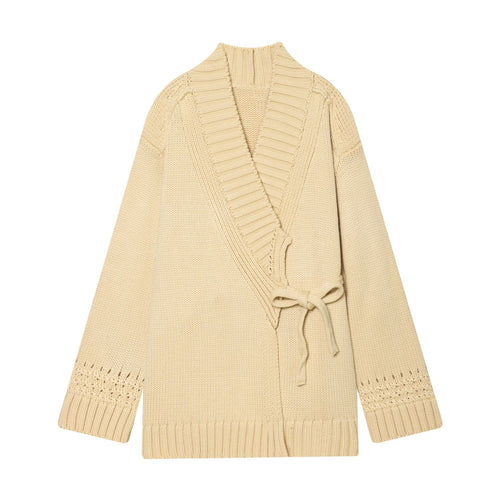 Damen Wickelcardigan mit Schalkragen, Grobstrick und Bindegürtel Nord Taschen