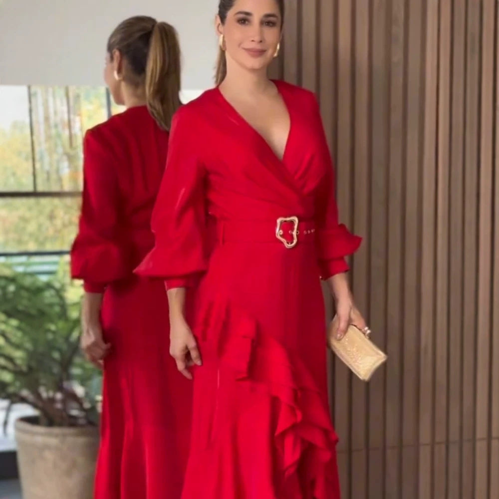 Damen Elegantes Wickel-Maxikleid mit Volants, tailliertem Gürtel & weitem Glockenärmel Nord Taschen