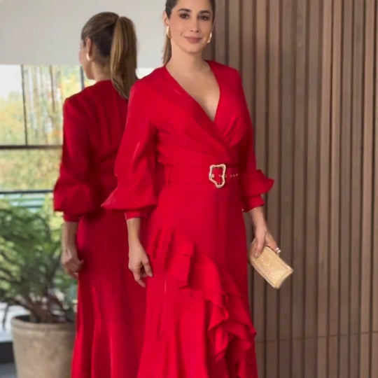 Damen Elegantes Wickel-Maxikleid mit Volants, tailliertem Gürtel & weitem Glockenärmel Nord Taschen