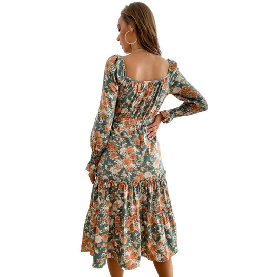 Damen Blumenkleid mit Tendervollfalten und runder Ausschnitt Nord Taschen
