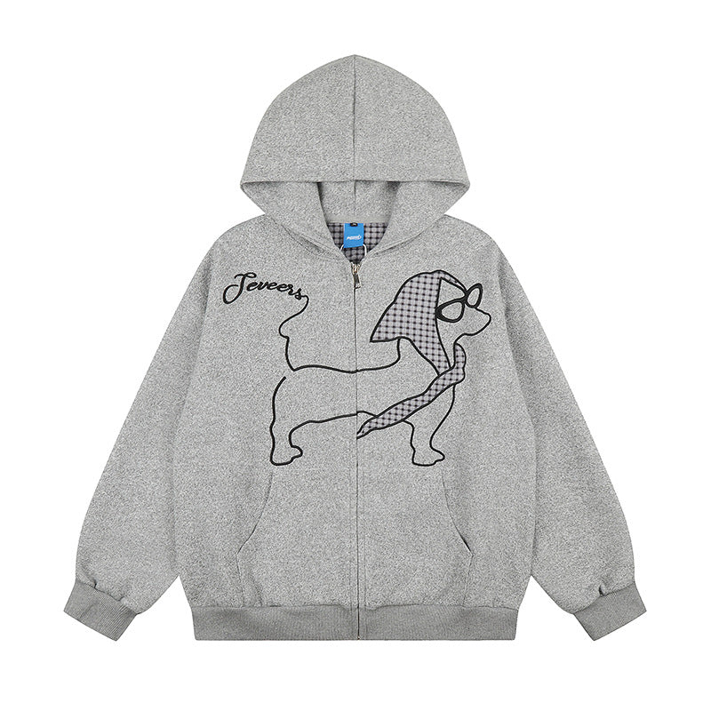 Damen Kapuzen-Zipjacke im Oversize-Cut mit gestickter Dackel-Illustration und Vichy-Detail Nord Taschen