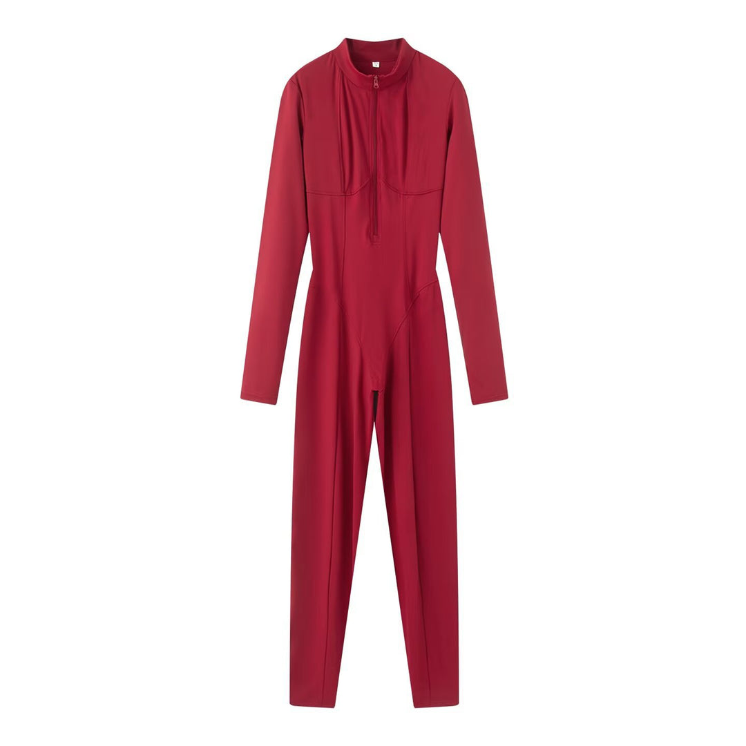 Damen Slim-Fit einteiliger Catsuit mit Reißverschluss und hohem Kragen Nord Taschen