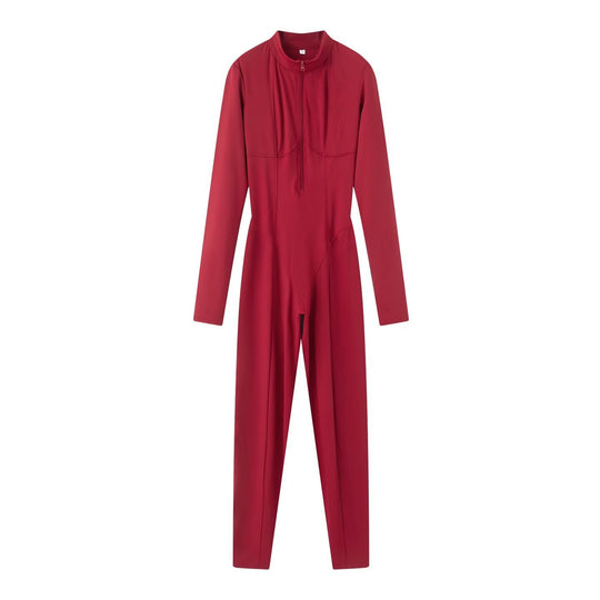 Damen Slim-Fit einteiliger Catsuit mit Reißverschluss und hohem Kragen Nord Taschen