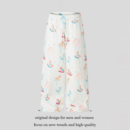 Damen Weite Palazzo-Loungehose mit Komfortbund, Kordelzug und verspieltem Schaukelpferd-Print Nord Taschen