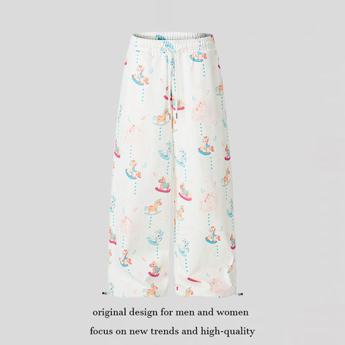 Damen Weite Palazzo-Loungehose mit Komfortbund, Kordelzug und verspieltem Schaukelpferd-Print Nord Taschen