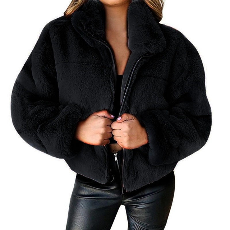 Damen Kurz geschnittene Kuschel-Fleece-Steppjacke mit Stehkragen und Reißverschluss Nord Taschen
