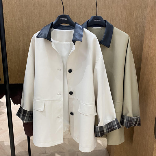 Damen Kurzjacke im Oversize-Trenchstil mit kontrastkragen aus Kunstleder und karierter Umschlagmanschette Nord Taschen