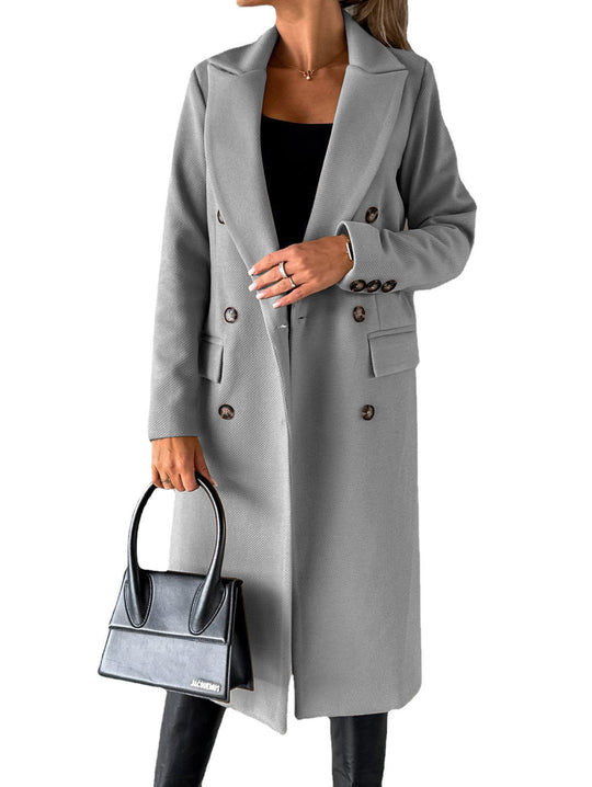 Damen Doppelreihiger Wollmantel im Longline‑Schnitt mit Reverskragen und Pattentaschen Nord Taschen