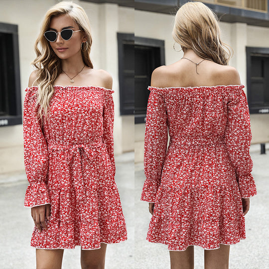 Damen schulterfreies Blumenkleid mit Carmenausschnitt, Taillenschnürung und Rüschensaum Nord Taschen