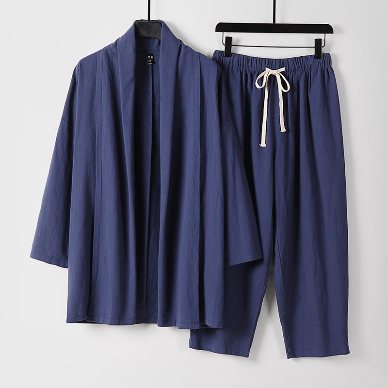 Unisex Lockeres Kimono-Lounge-Set aus leichter Baumwollmischung mit Schalkragen und Kordelbundhose Nord Taschen