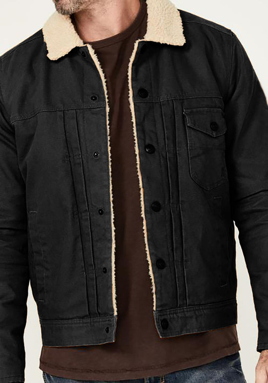 Herren Sherpa-gefütterte Truckerjacke mit Kunstfellkragen Nord Taschen
