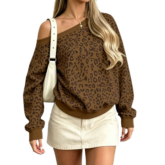 Damen Schulterfreier Leoparden-Print Sweatpullover mit Oversize-Schnitt Nord Taschen