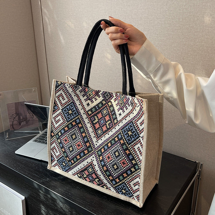 Damen Jute-Tragetasche mit farbenfrohem, geometrischem Muster Nord Taschen