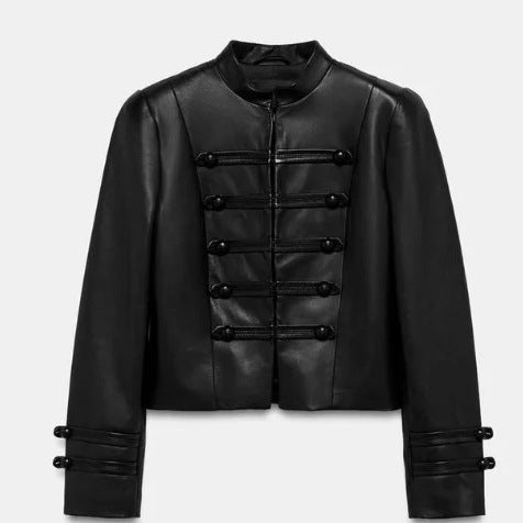 Damen Kurz geschnittene Kunstleder‑Militärjacke mit Stehkragen und Zierkordeln Nord Taschen