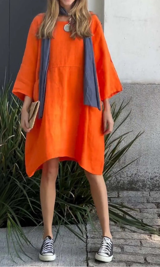 Damen lässiges Leinenkleid mit praktischen Taschen und asymmetrischem Saum