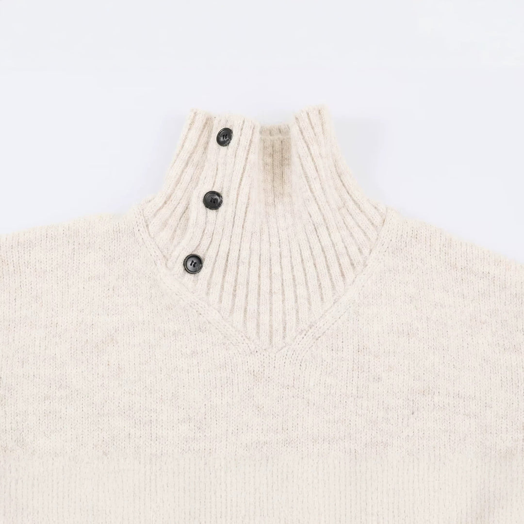 Damen Oversized Strickpullover mit hohem Rippkragen, Knopfdetail und V‑Ausschnitt Nord Taschen