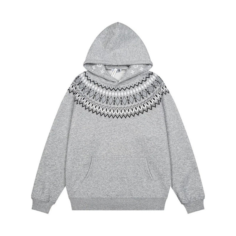 Unisex Oversize Kapuzenpullover mit nordischem Rundpasse-Jacquard, Kängurutasche und Rippbündchen Nord Taschen