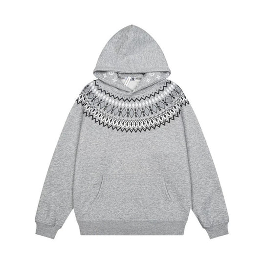 Unisex Oversize Kapuzenpullover mit nordischem Rundpasse-Jacquard, Kängurutasche und Rippbündchen Nord Taschen