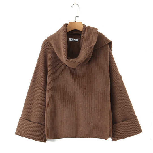 Damen Boxy-Cropped Grobstrick-Pullover mit voluminösem Schalkragen Nord Taschen