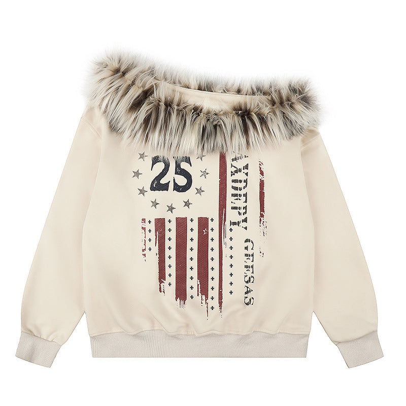 Damen Kapuzen-Sweatshirt mit abnehmbarem Kunstfellkragen und Vintage-Print Nord Taschen