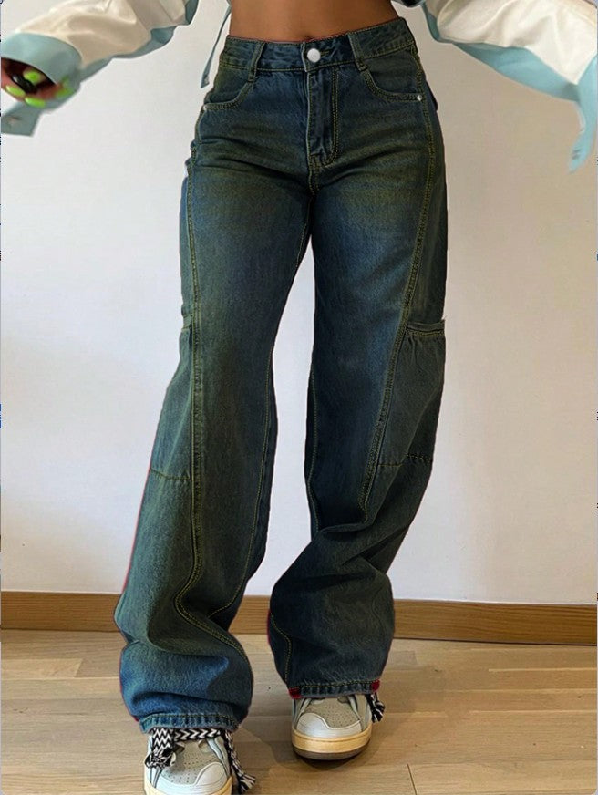 Damen High-Waist weite Cargo-Denimhose mit Nahtpaneelen und Baggy-Silhouette Nord Taschen