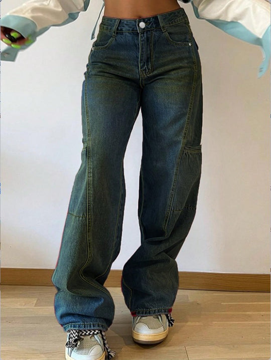 Damen High-Waist weite Cargo-Denimhose mit Nahtpaneelen und Baggy-Silhouette Nord Taschen