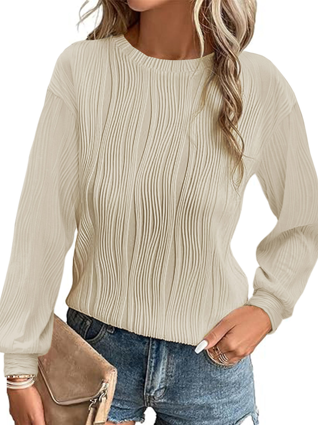 Damen Plissiertes Feinstrick-Longsleeve mit Rundhalsausschnitt Nord Taschen