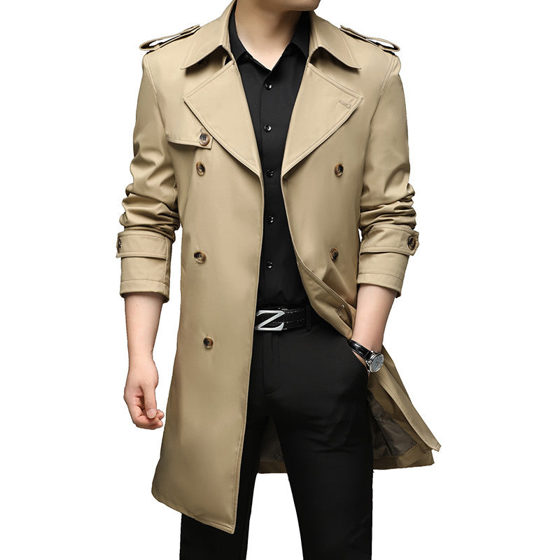 Herren Langer Slim-Fit Doppelreihiger Trenchcoat mit Epauletten und Taillengürtel Nord Taschen