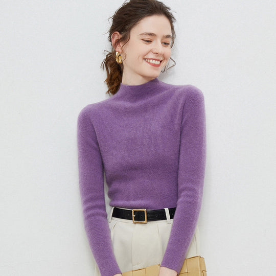 Damen Leichter taillierter Mockneck-Pullover in kaschmirähnlicher Mohair-Optik mit feiner Rippenstruktur Nord Taschen