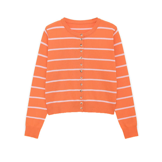 Damen Kurzgeschnittener Feinstrick‑Cardigan mit horizontalen Streifen und Perlmuttknöpfen Nord Taschen