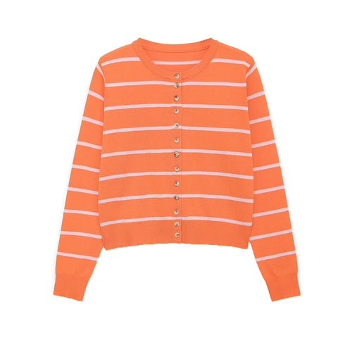Damen Kurzgeschnittener Feinstrick‑Cardigan mit horizontalen Streifen und Perlmuttknöpfen Nord Taschen