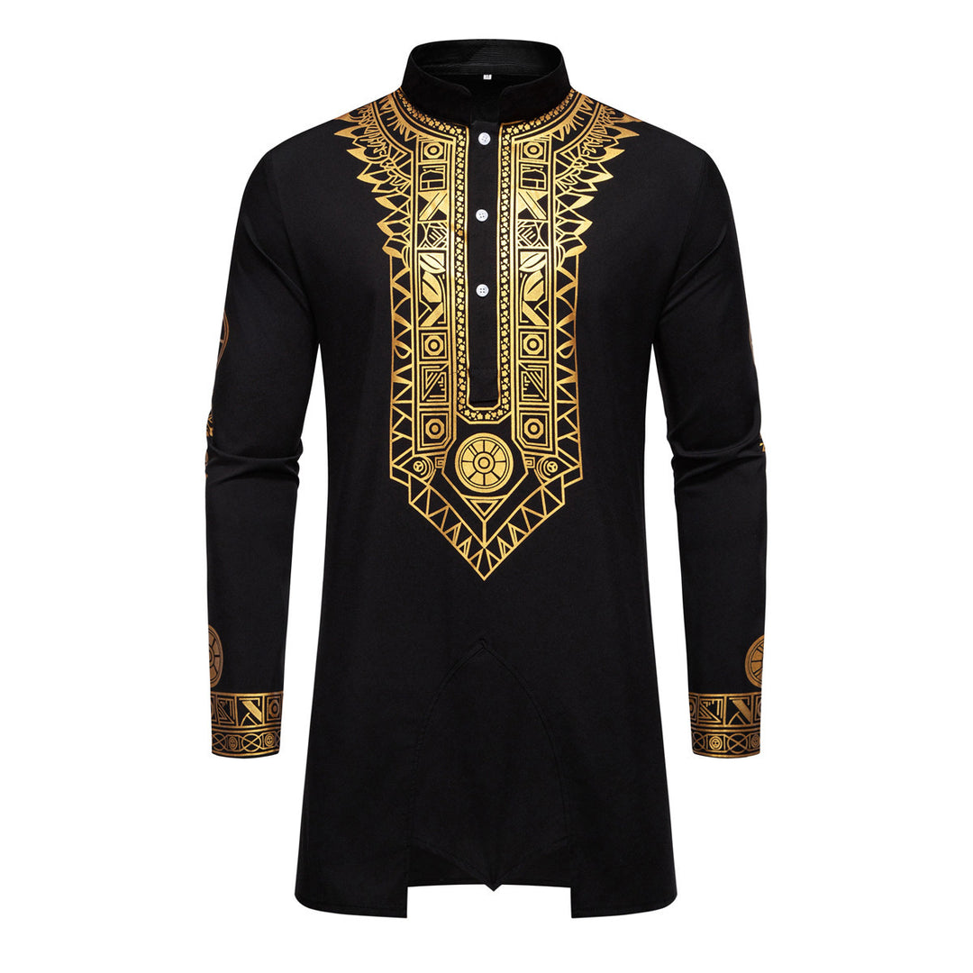 Herren Traditionelles Langarm-Kurta-Set mit Stehkragen, goldfarbenem Ornamentdruck und Tunnelzughose Nord Taschen