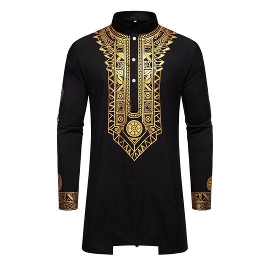 Herren Traditionelles Langarm-Kurta-Set mit Stehkragen, goldfarbenem Ornamentdruck und Tunnelzughose Nord Taschen