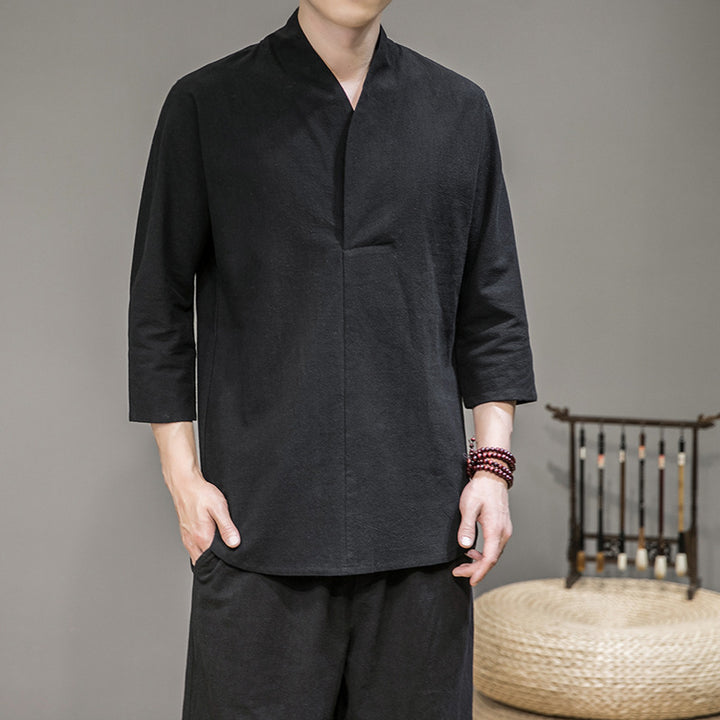 Herren modern geschnittene Kimono-Hemdjacke mit V-Kragen und 3/4-Ärmeln Nord Taschen
