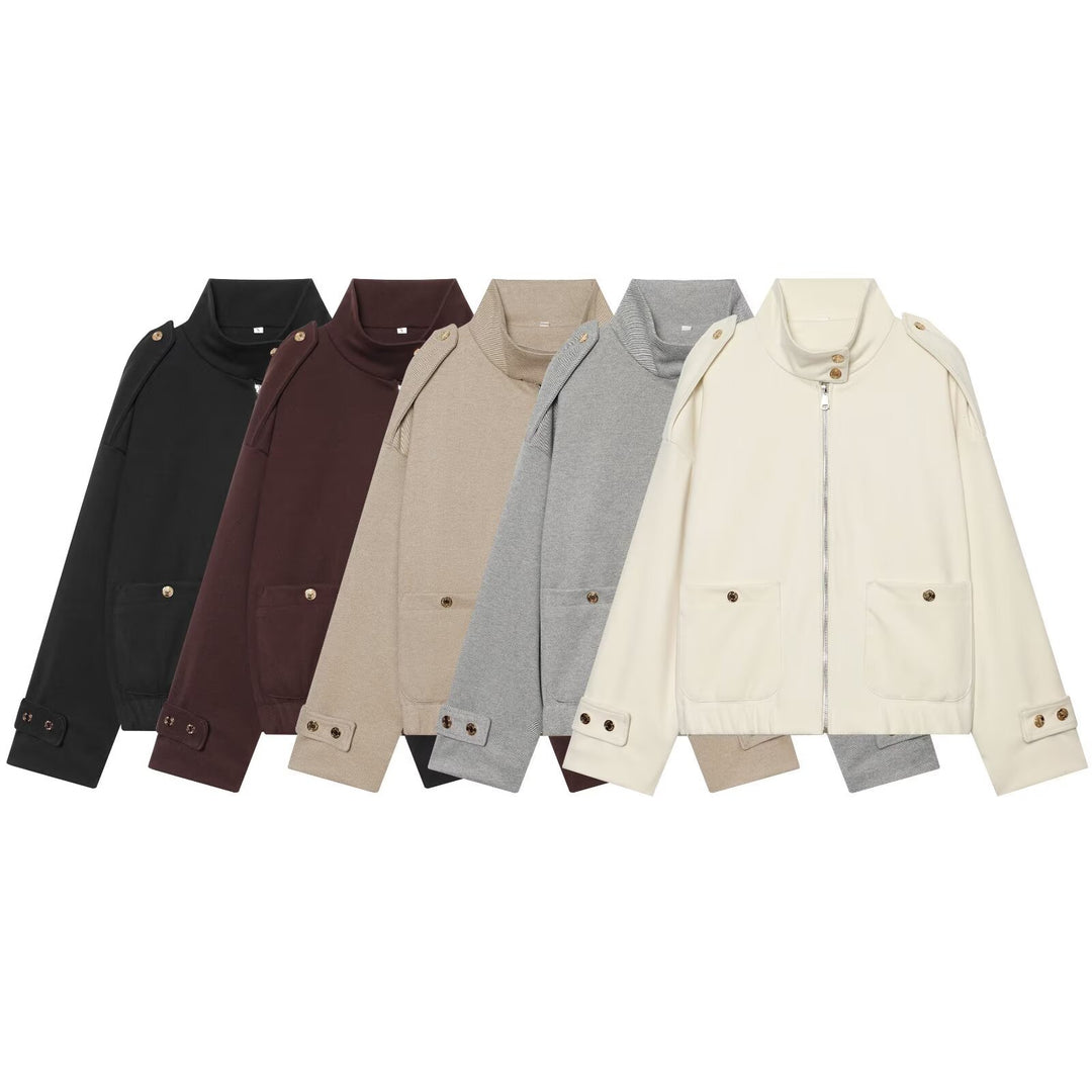 Damen Cropped Utility-Jacke mit hochgeschlossenem Kragen, Schulterklappen und aufgesetzten Pattentaschen Nord Taschen