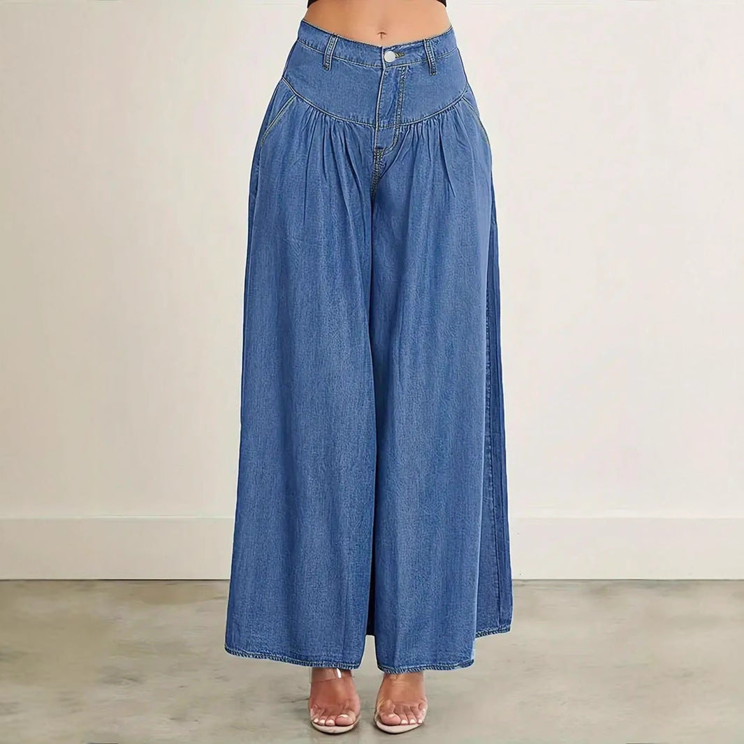 Damen Hochtaillierte Denim-Palazzohose mit geraffter Kellerfalte und extra weitem Bein Nord Taschen