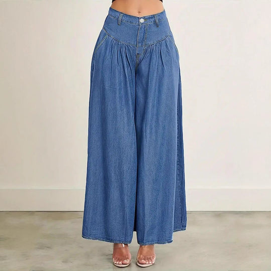 Damen Hochtaillierte Denim-Palazzohose mit geraffter Kellerfalte und extra weitem Bein Nord Taschen