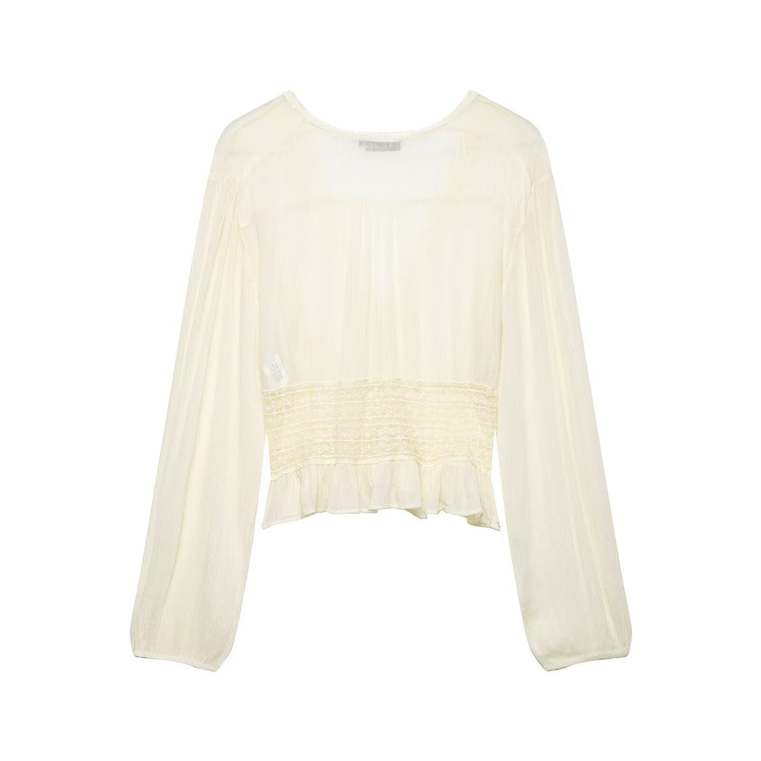Damen Leichte Bluse mit V‑Ausschnitt, Smokbund und Volantsaum Nord Taschen