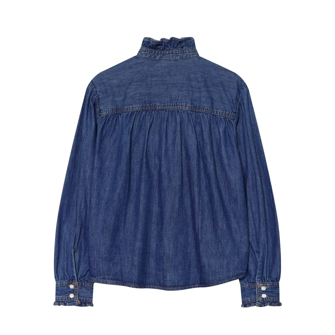 Damen Weiche Denim-Tunika mit Rüschenblende, Stehkragen und Ballonärmeln Nord Taschen