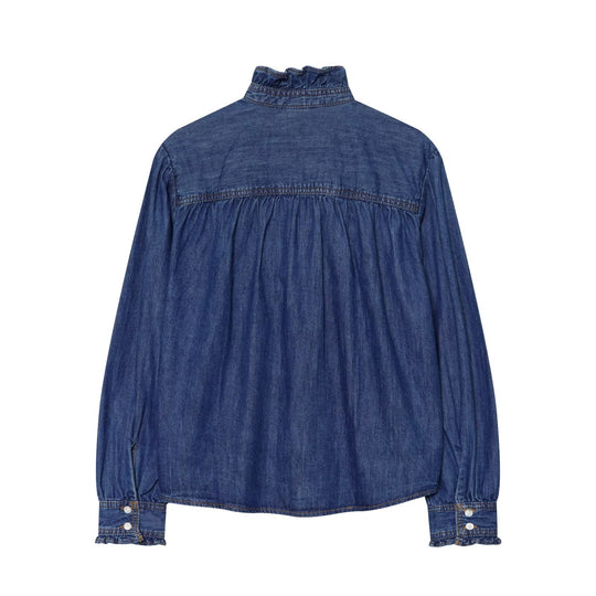 Damen Weiche Denim-Tunika mit Rüschenblende, Stehkragen und Ballonärmeln Nord Taschen