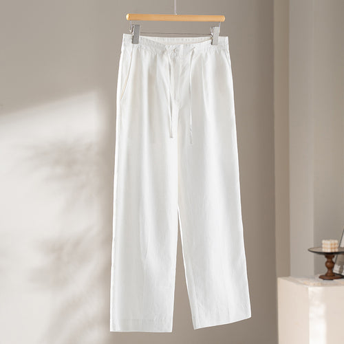Damen Culotte-ähnliche Leinenhose mit Tunnelzug, Bundfalten und geradem Bein Nord Taschen