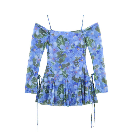 Damen Carmen-Minikleid mit Spaghettiträgern, langen Ärmeln und plissee‑Rock Nord Taschen