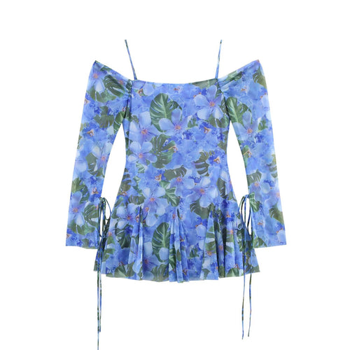 Damen Carmen-Minikleid mit Spaghettiträgern, langen Ärmeln und plissee‑Rock Nord Taschen
