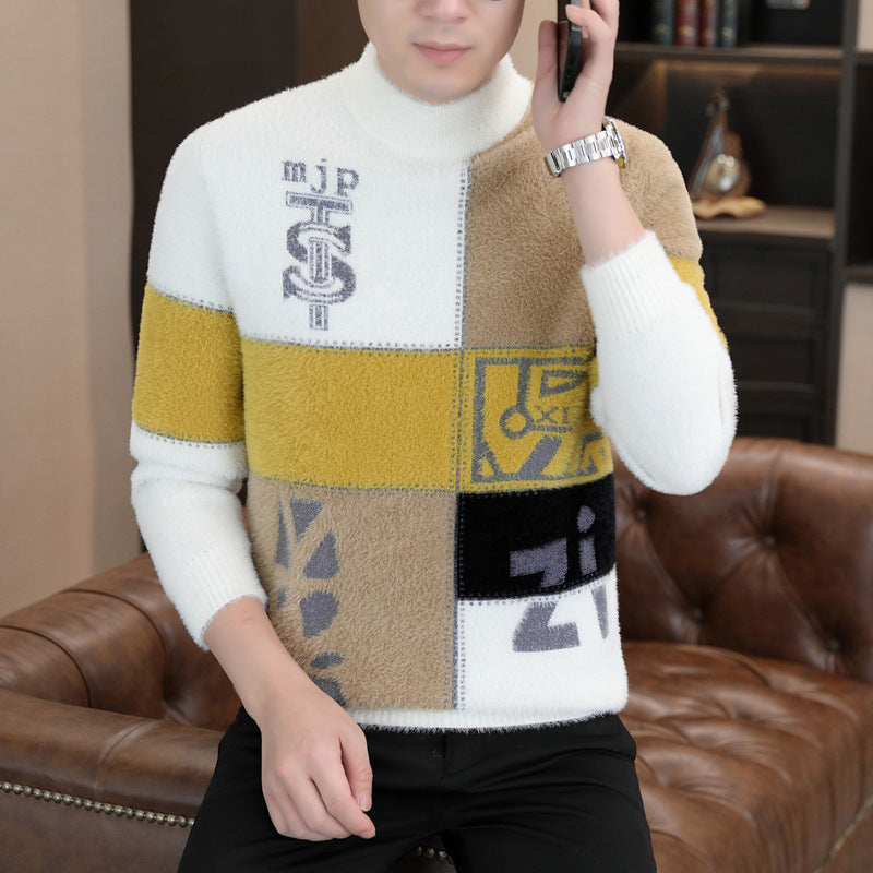 Herren Gemusterter Rollkragenpullover aus flauschigem Bouclé‑Mix mit Patch‑Intarsien Nord Taschen
