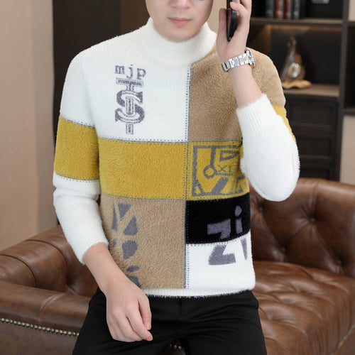 Herren Gemusterter Rollkragenpullover aus flauschigem Bouclé‑Mix mit Patch‑Intarsien Nord Taschen