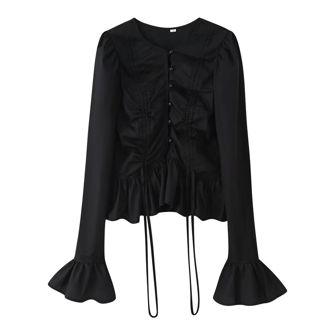 Damen Rüschenbluse mit Kordelzug, geraffter Knopfleiste und Volant-Saum Nord Taschen