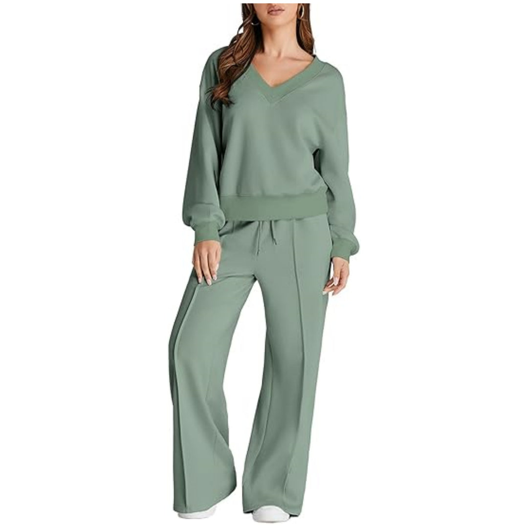Damen Lässiges V-Ausschnitt Freizeit-Set mit weiter Jogginghose Nord Taschen