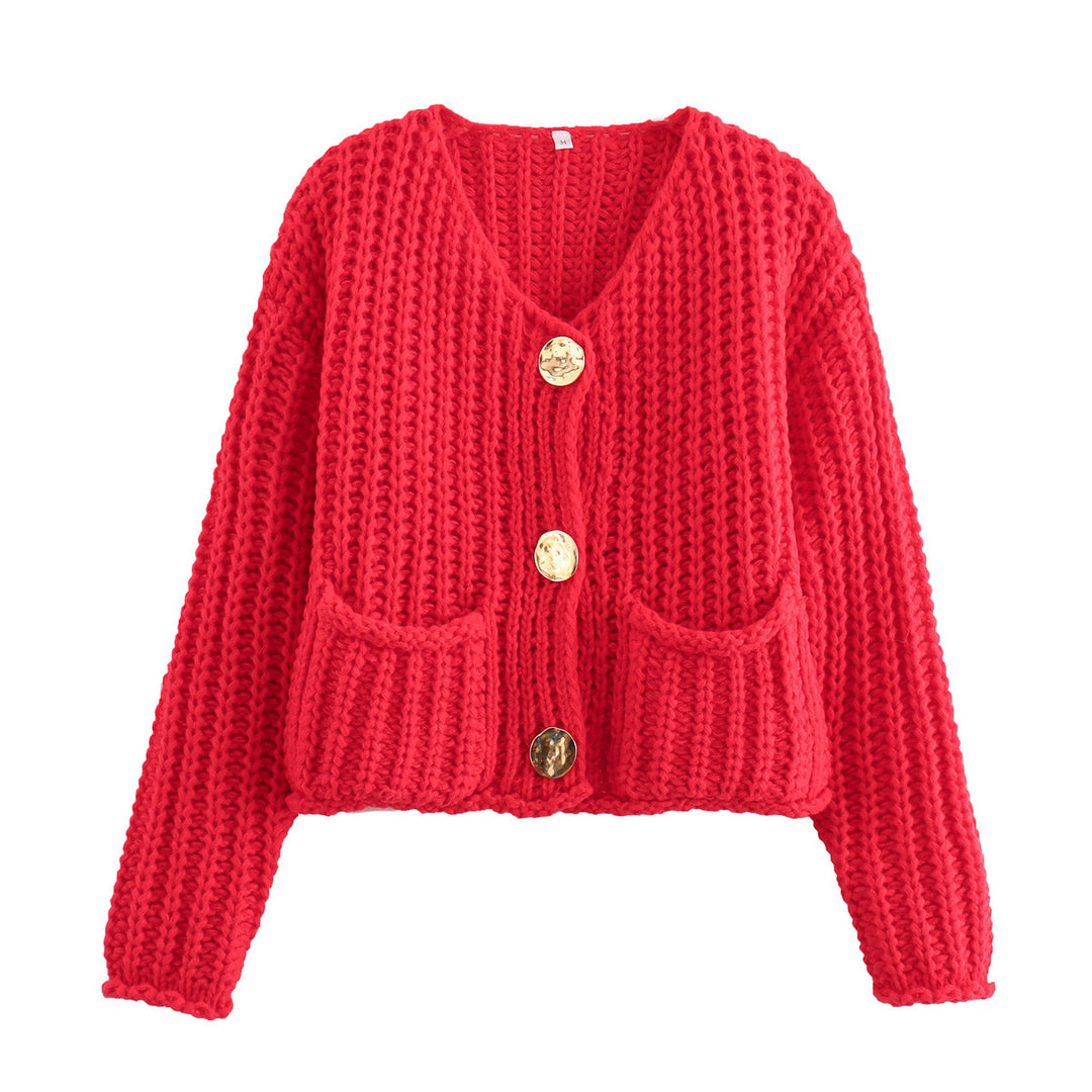 Damen Grobstrick-Cardigan mit V‑Ausschnitt, goldener Knopfleiste und aufgesetzten Taschen Nord Taschen