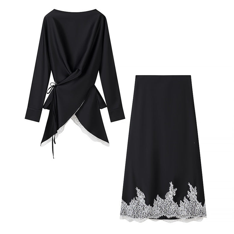 Damen Zweiteiliges Satin-Set mit Wickelbluse, Spitzenbesatz und A‑Linien Maxirock Nord Taschen