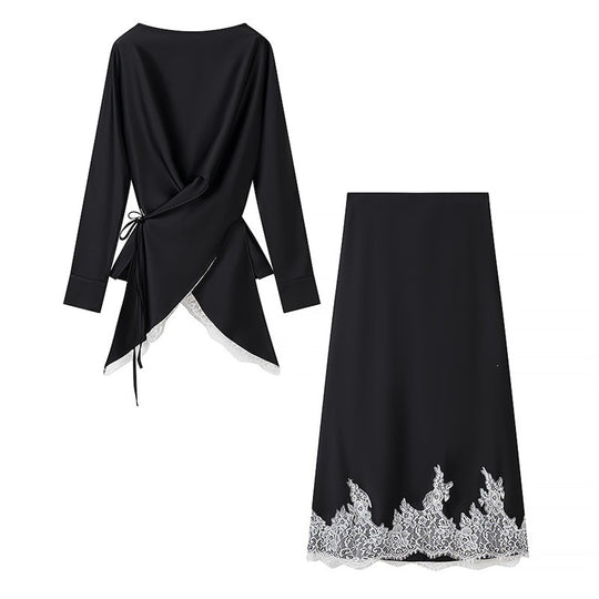 Damen Zweiteiliges Satin-Set mit Wickelbluse, Spitzenbesatz und A‑Linien Maxirock Nord Taschen
